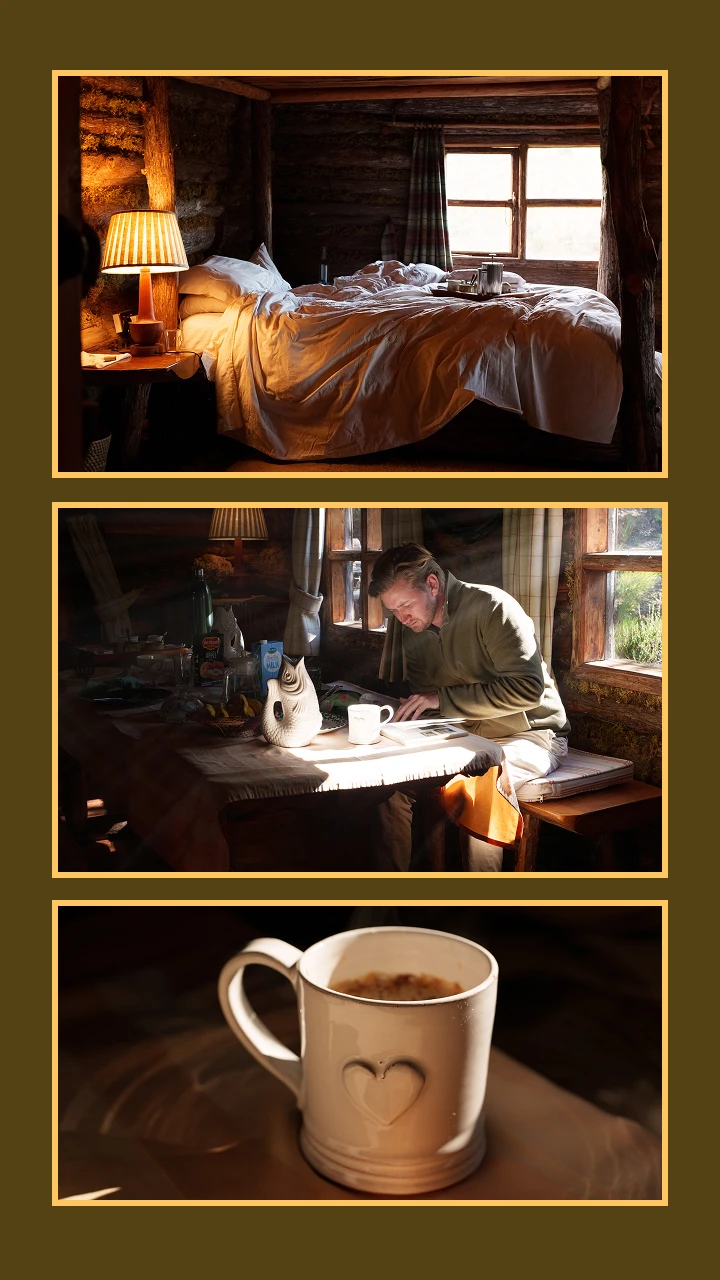 Inside the log cabin, a cozy bed and cup of tea