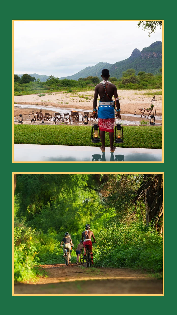 Collage of biking in the Samburu and life at camp 