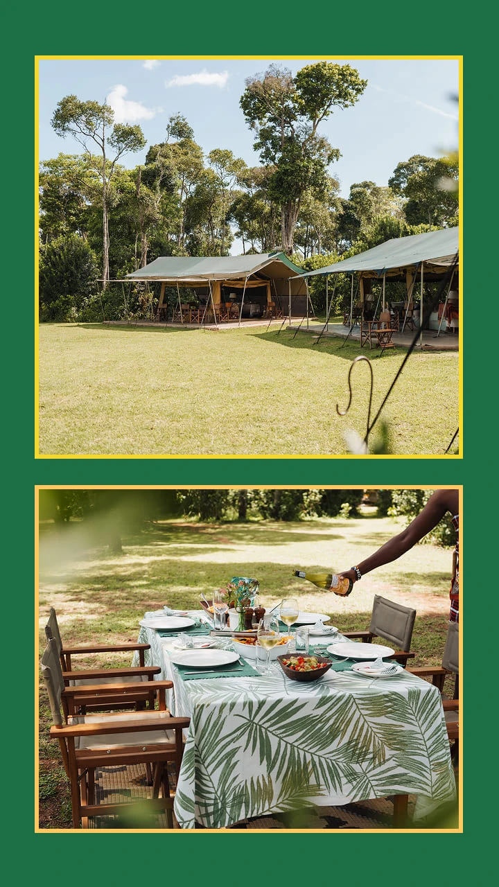 Collage of accomation the dining table and view of the tents 
