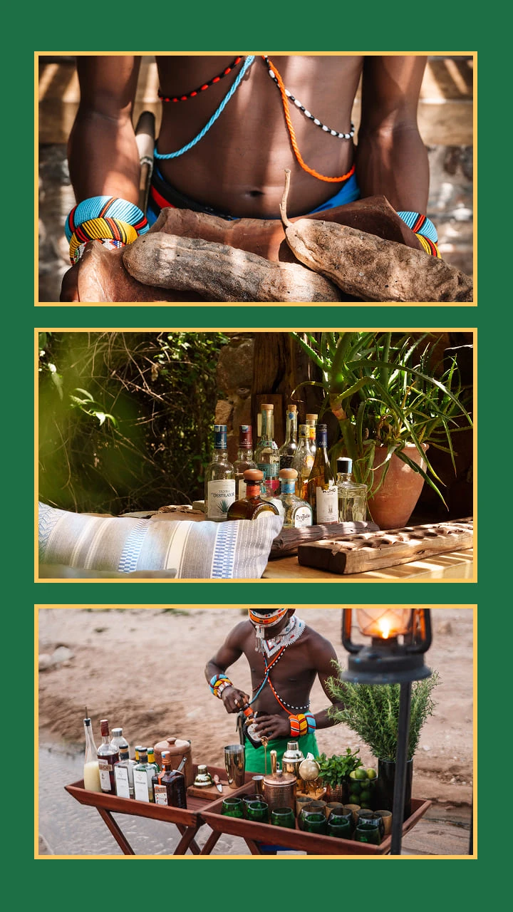 Collage of life at Kalepo Camp, making cocktails
