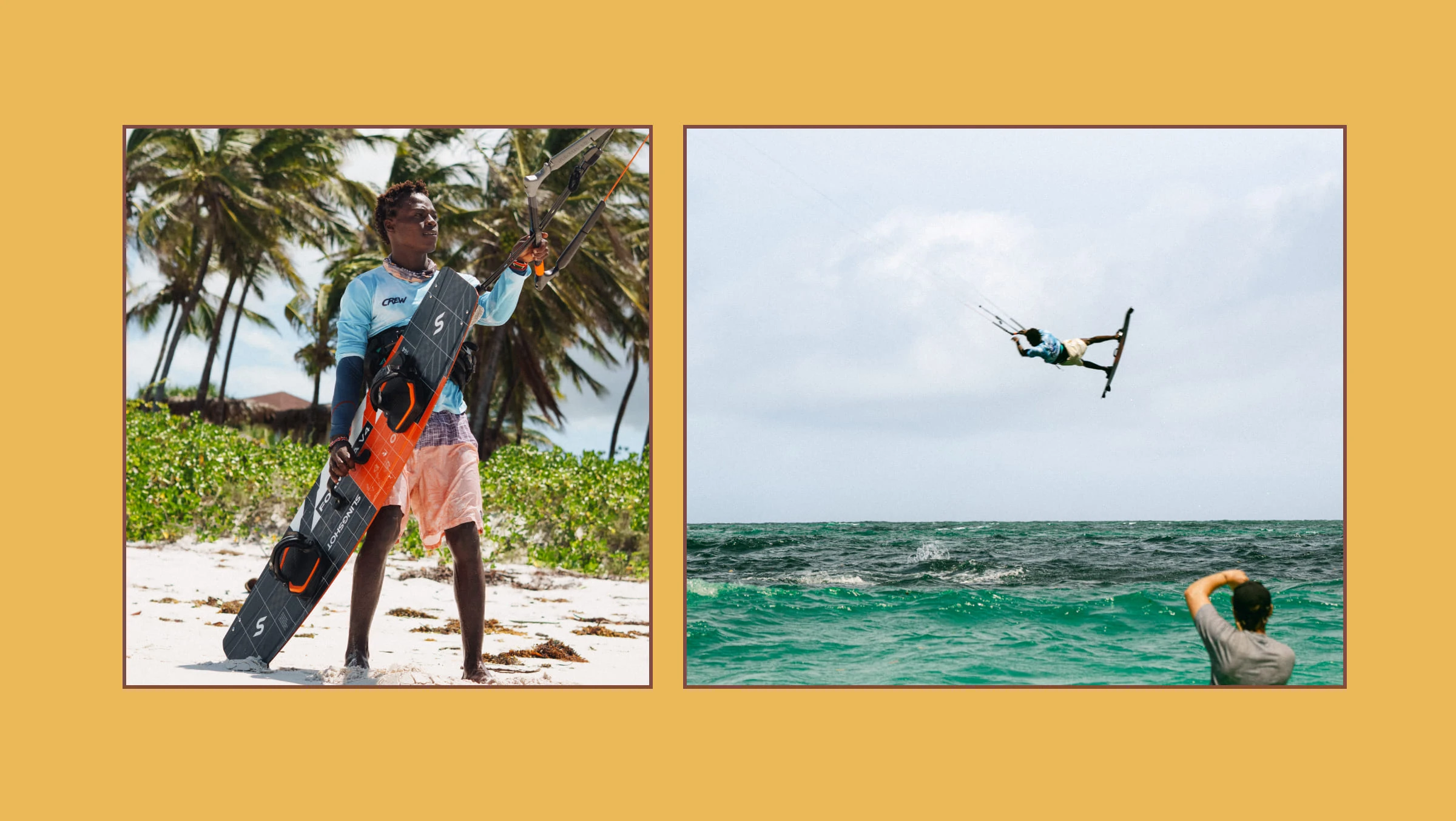 Collage of kitesurfing, prepping on the beach and being captured in the water