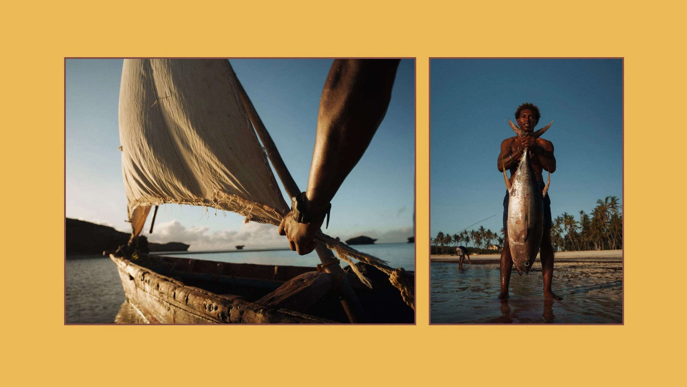 Collage of sailing boat mast and sail holding his prize fish 