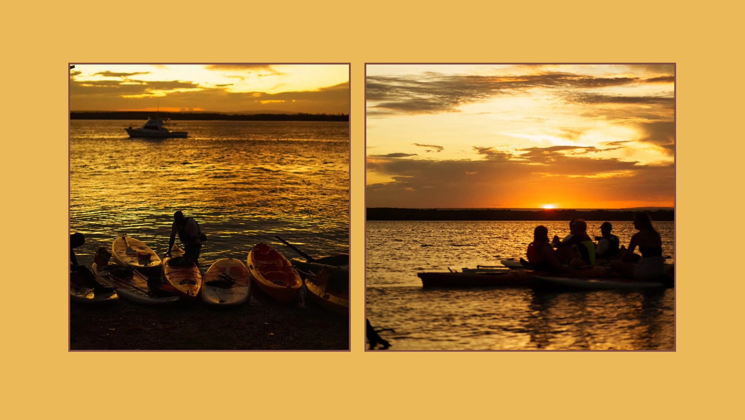 Collage of kayaking at sunset 