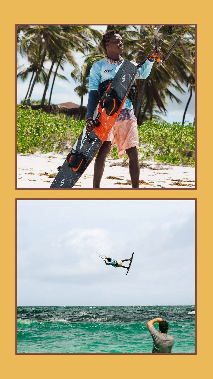 Collage of kitesurfing, prepping on the beach and being captured in the water