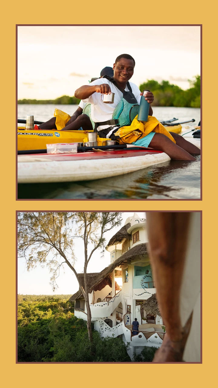 Collage of tree house accomodation and taking a break on the paddleboards 