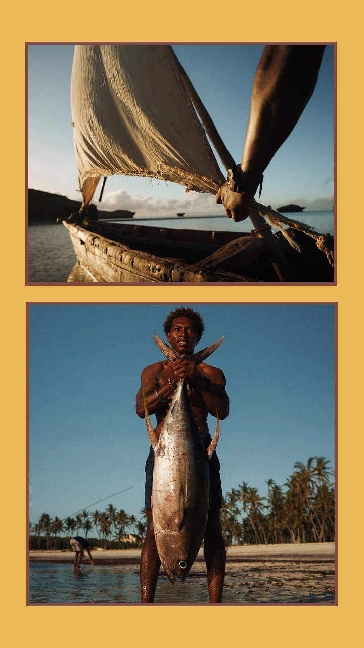 Collage of sailing boat mast and sail holding his prize fish 