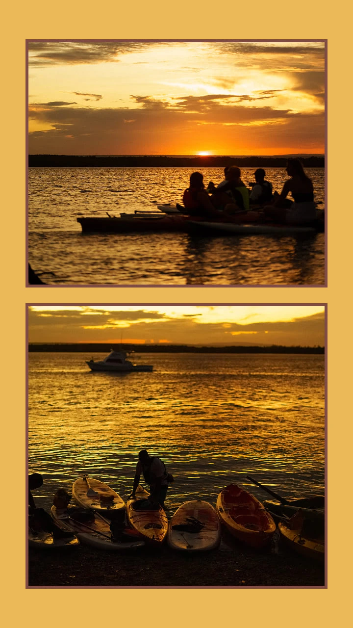 Collage of kayaking at sunset 